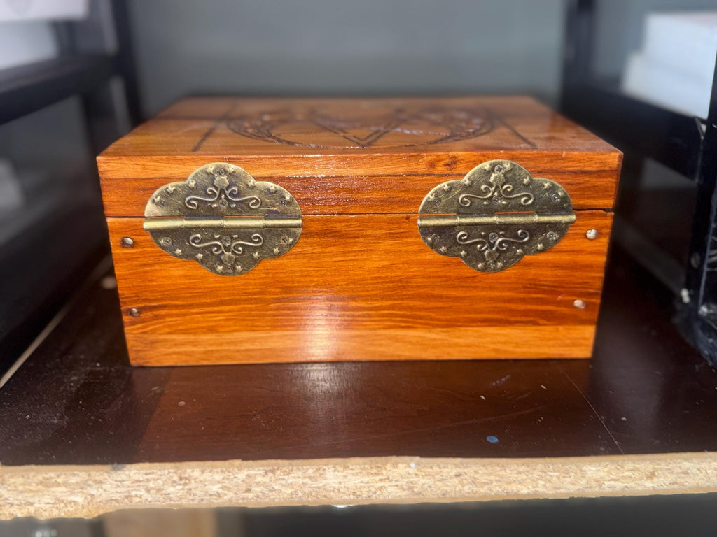 Arcana Wooden Keepsake Box – Laser Engraved Moon & Pentacle Shadow Work Altar Box