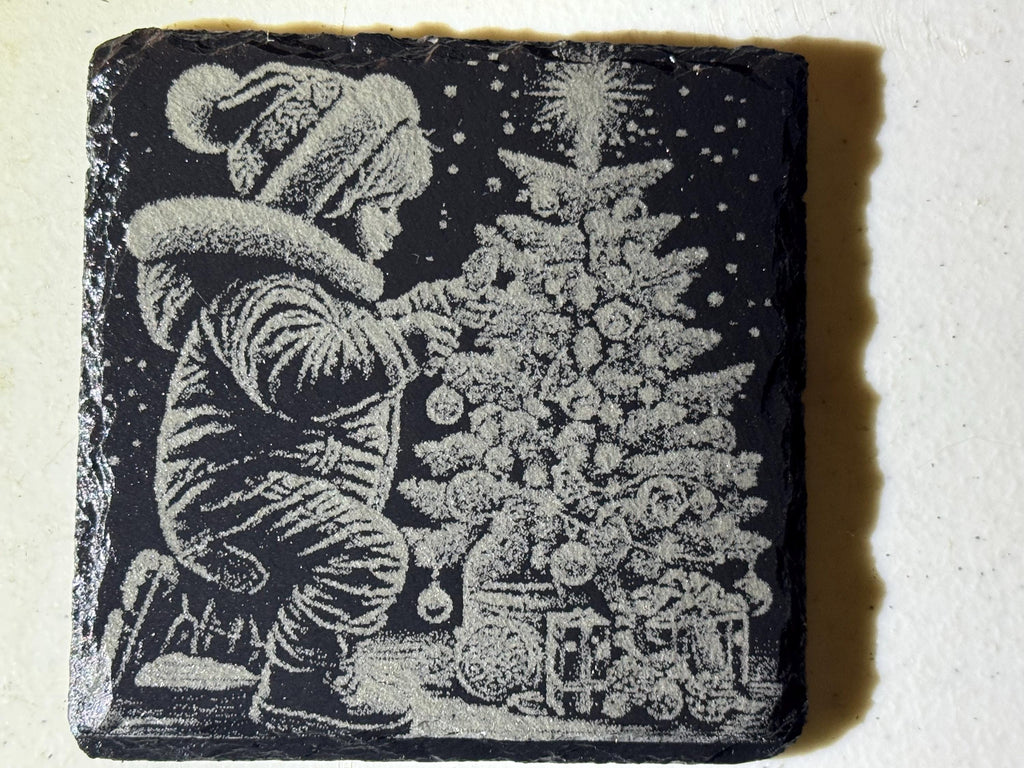 Laser-Engraved Christmas Slate Coasters – Set of 4 | Real Natural Slate | Holiday Home Décor | Handmade Gift Set