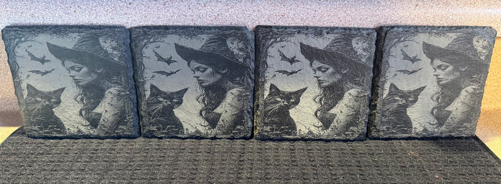 Witchy Coaster Set - Vintage Halloween Cat & Witch Design