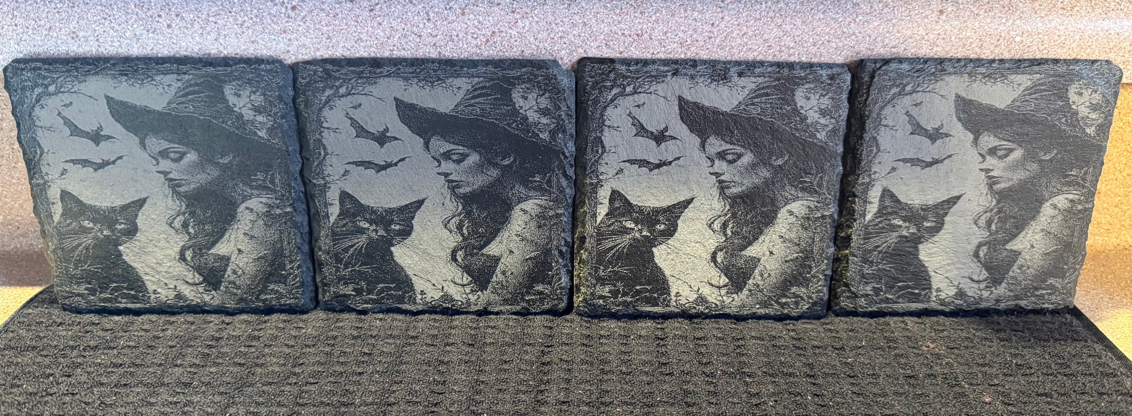 Witchy Coaster Set - Vintage Halloween Cat & Witch Design