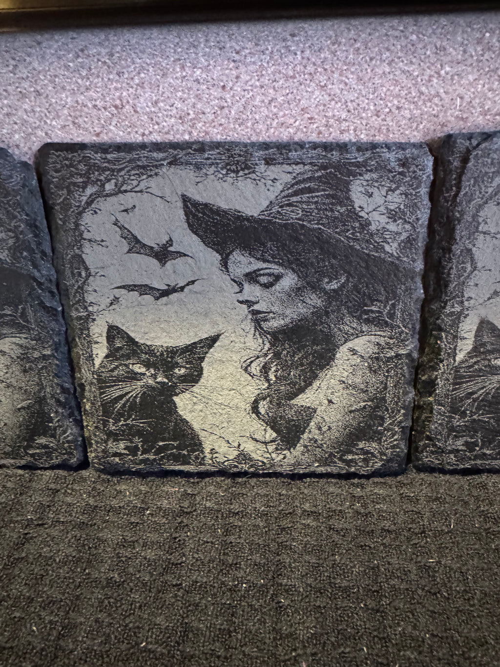 Witchy Coaster Set - Vintage Halloween Cat & Witch Design