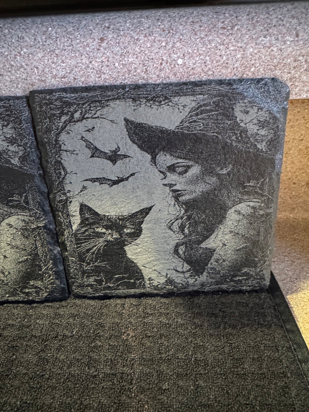 Witchy Coaster Set - Vintage Halloween Cat & Witch Design