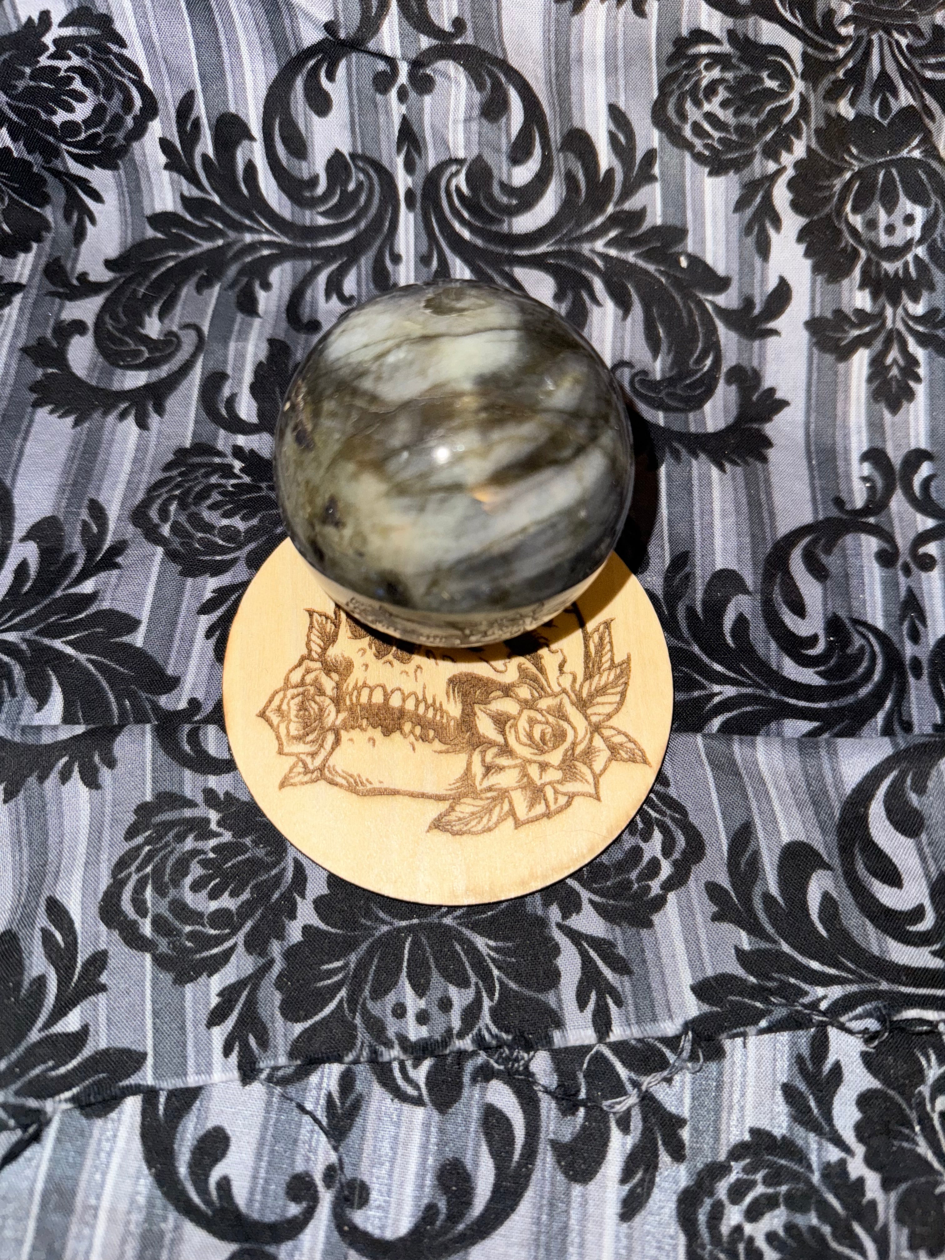 Handcrafted Wooden Sphere Holder - Skull & Roses Design