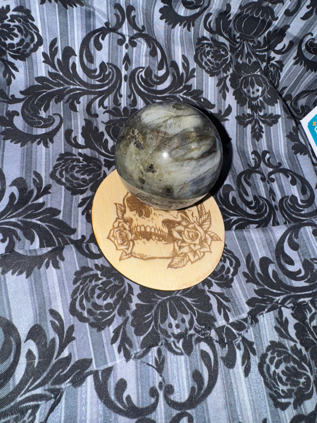 Handcrafted Wooden Sphere Holder - Skull & Roses Design