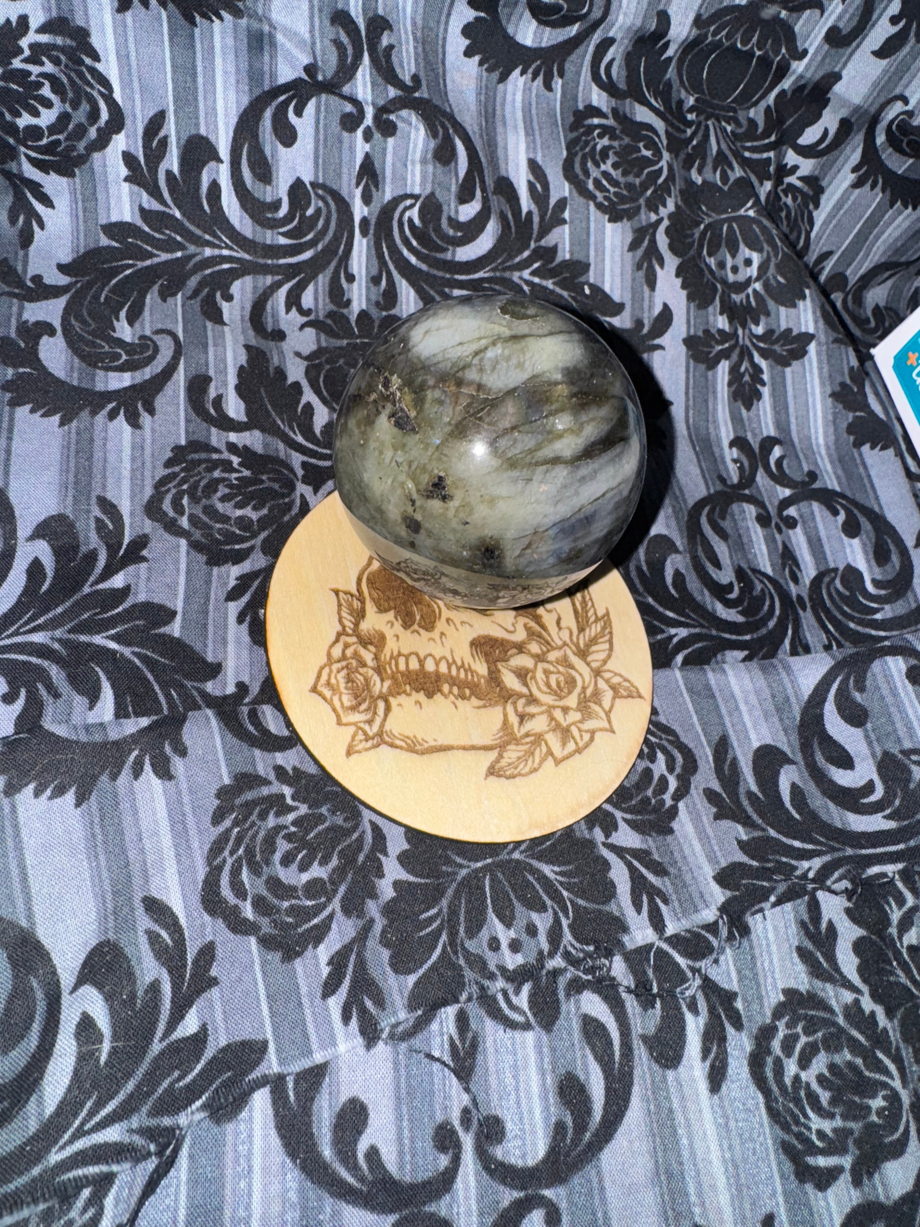 Handcrafted Wooden Sphere Holder - Skull & Roses Design