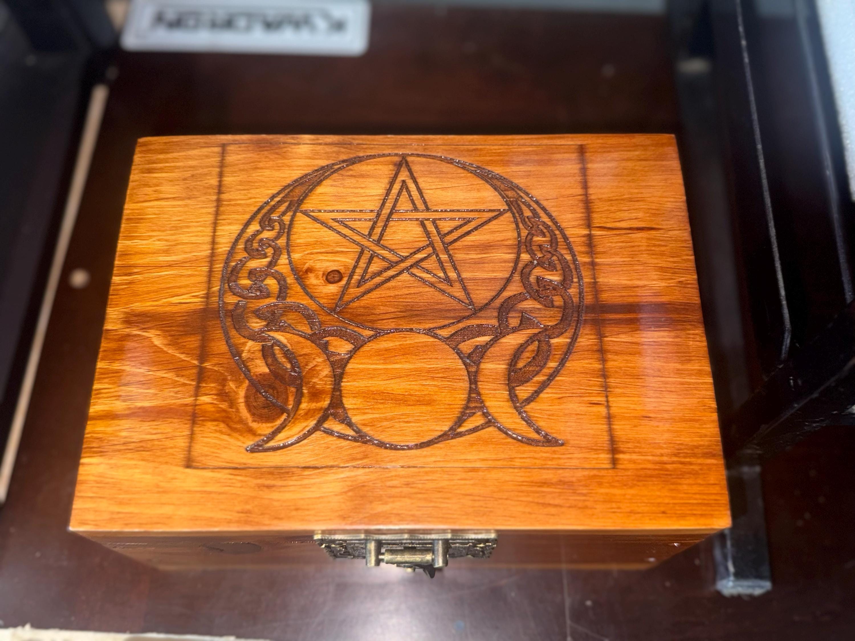 Arcana Wooden Keepsake Box – Laser Engraved Moon & Pentacle Shadow Work Altar Box
