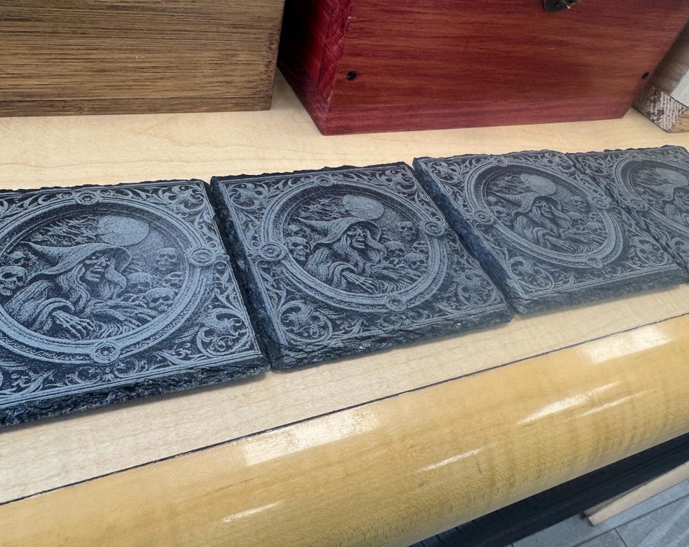 Hand-Engraved Gothic Witch Slate Coasters – Set of 4